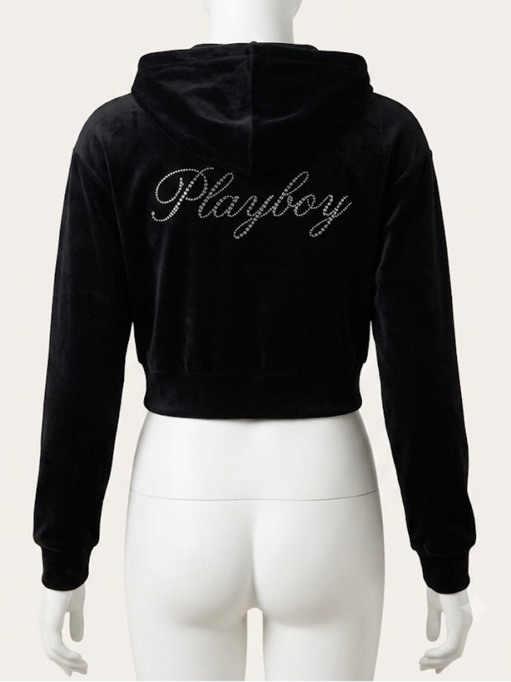 Y2K Playboy Rhinestone Embellished Logo Black Velvet Cropped Hoodie